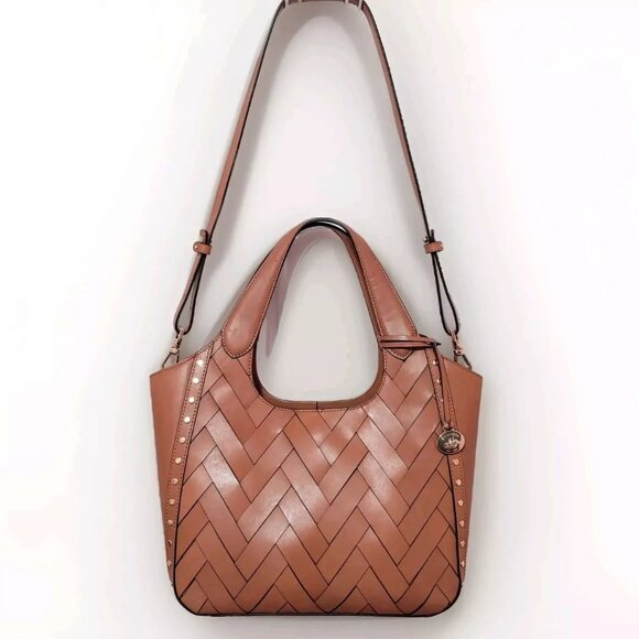 NEW Brahmin Carla Tan Nelani Medium Zig Zag Woven Leather Satchel Caramel Color - Picture 3 of 12